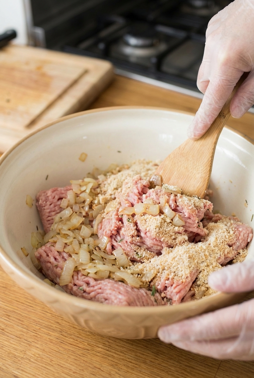 Raw turkey meatloaf mixture in a mixing bowl with sautéed onions and breadcrumbs being folded in