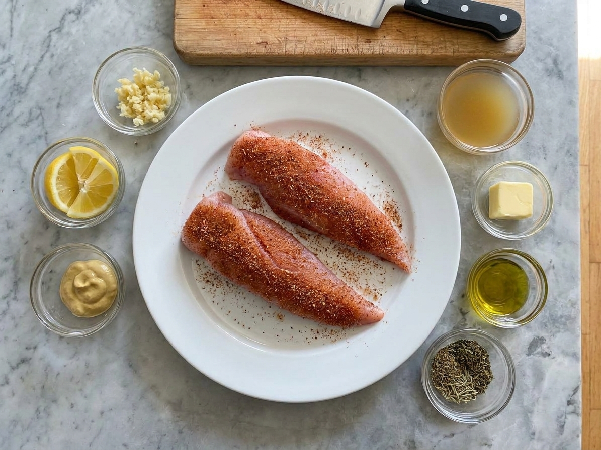 Raw turkey tenderloins on a plate beside small bowls of garlic, lemon, Dijon mustard, chicken broth, butter, olive oil, and dried herbs on a light kitchen counter