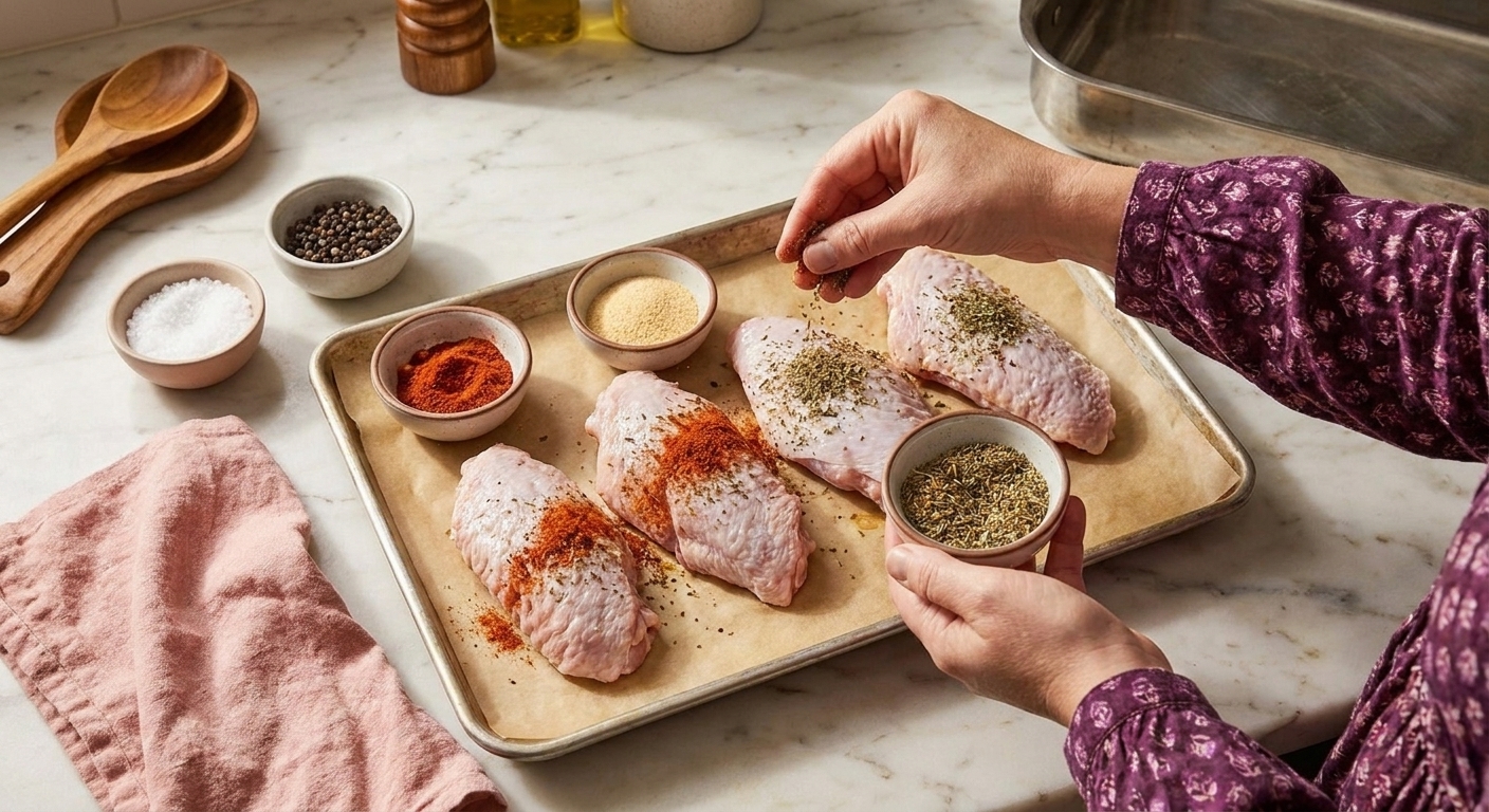 Raw turkey wings on a parchment-lined baking sheet with small bowls of salt, pepper, paprika, garlic powder, and dried thyme on a kitchen counter