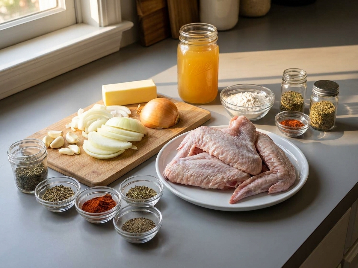 Raw turkey wings, sliced onions, garlic, broth, flour, butter, and spices arranged on a clean kitchen counter in warm natural light