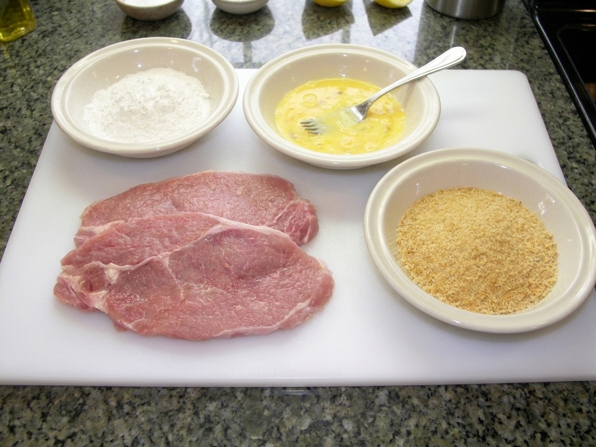 Raw veal cutlets pounded thin on a cutting board beside three shallow bowls for flour, beaten eggs, and breadcrumbs on a bright kitchen counter