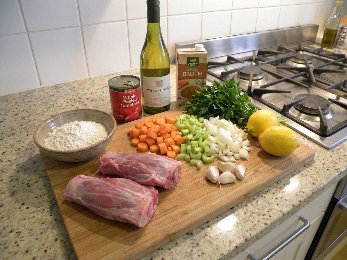 Raw veal shanks, carrots, celery, onion, garlic, canned tomatoes, white wine, broth, flour, and fresh parsley and lemons arranged on a home kitchen counter