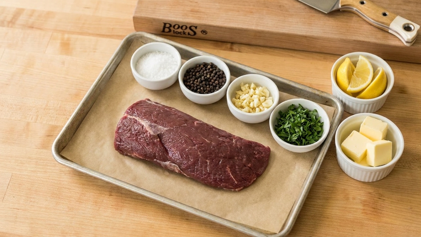Raw venison backstrap on a parchment lined tray with small bowls of salt, black pepper, minced garlic, chopped parsley, lemon, and butter arranged on a bright kitchen counter