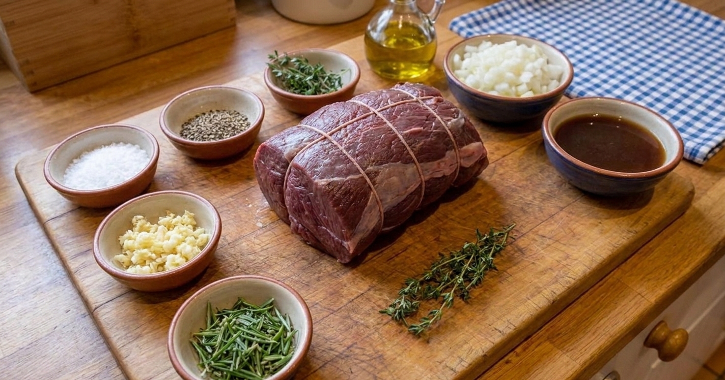 Raw venison roast on a cutting board surrounded by small bowls of salt, pepper, garlic, rosemary, thyme, olive oil, onion, and beef broth on a bright kitchen counter