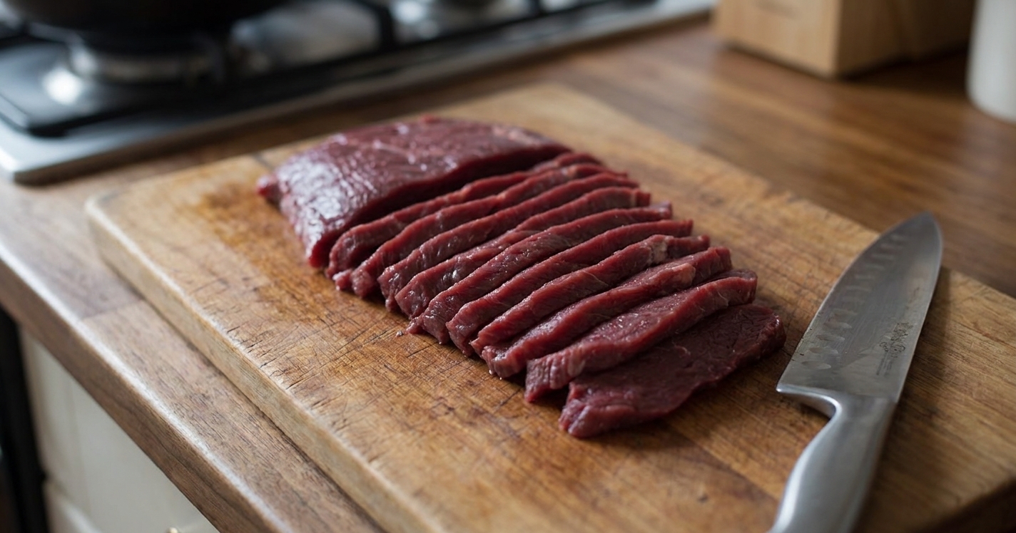 Raw venison sliced into thin, even strips on a cutting board with a chef's knife nearby