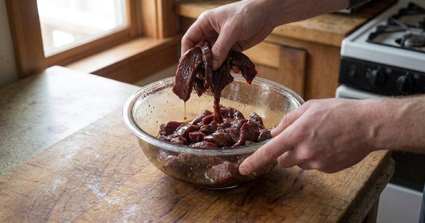 Raw venison strips in a glass bowl being tossed with a dark soy based marinade on a kitchen counter