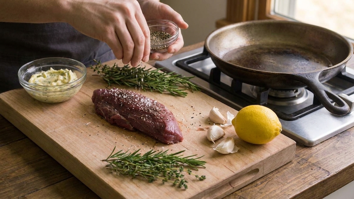 Raw venison tenderloin on a cutting board surrounded by garlic, rosemary, thyme, butter, lemon, salt, pepper, and a cast iron skillet on a kitchen counter