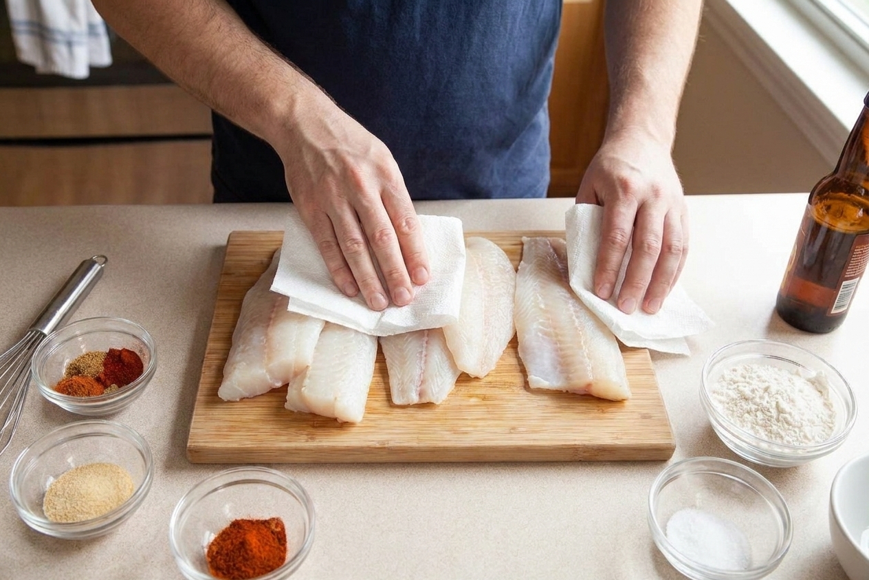 Raw white fish fillets being patted dry with paper towels on a cutting board beside small bowls of spices