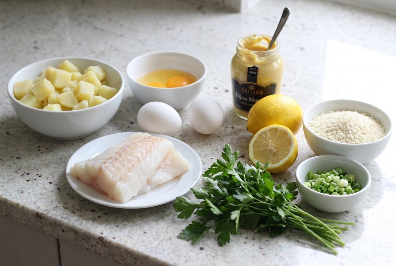 Raw white fish fillets, cooked potatoes, eggs, Dijon mustard, lemon, parsley, green onions, and breadcrumbs arranged on a bright kitchen counter