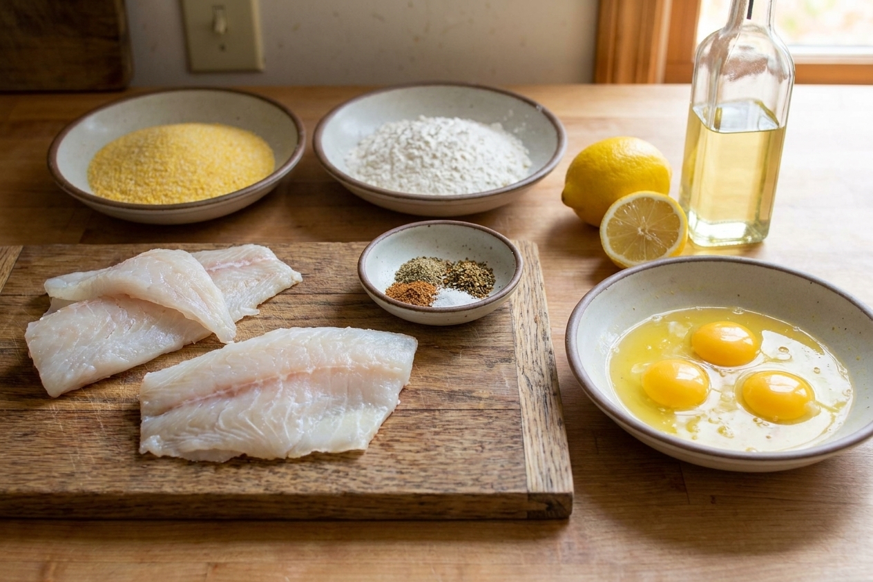 Raw white fish fillets, cornmeal, flour, spices, eggs, lemon, and a bottle of neutral oil arranged on a clean kitchen counter with a cutting board