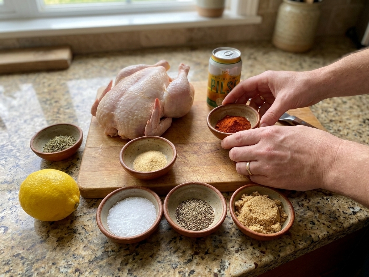 Raw whole chicken, a can of beer, small bowls of paprika, garlic powder, salt, pepper, brown sugar, and a lemon on a tidy kitchen counter