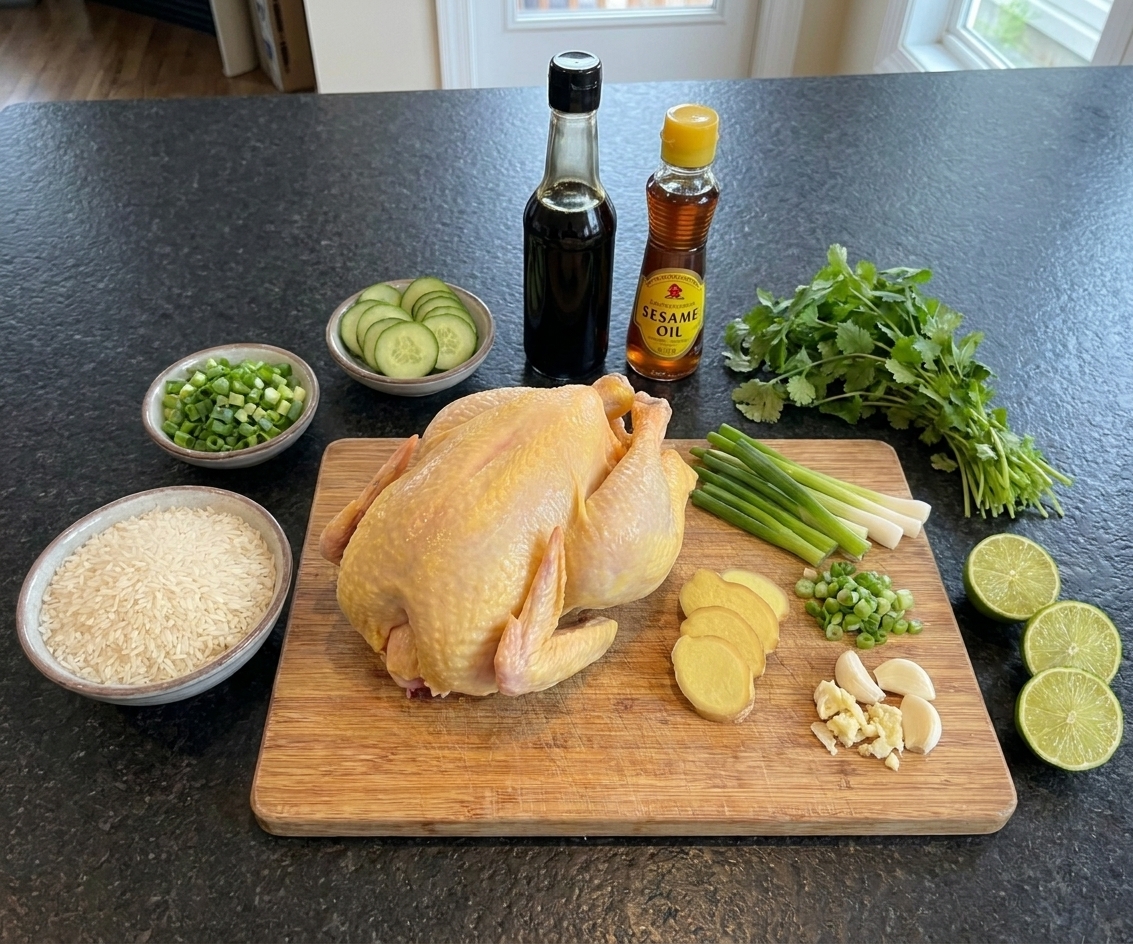 Raw whole chicken, jasmine rice, ginger, garlic, scallions, cucumber, cilantro, soy sauce, sesame oil, and limes arranged on a clean kitchen counter