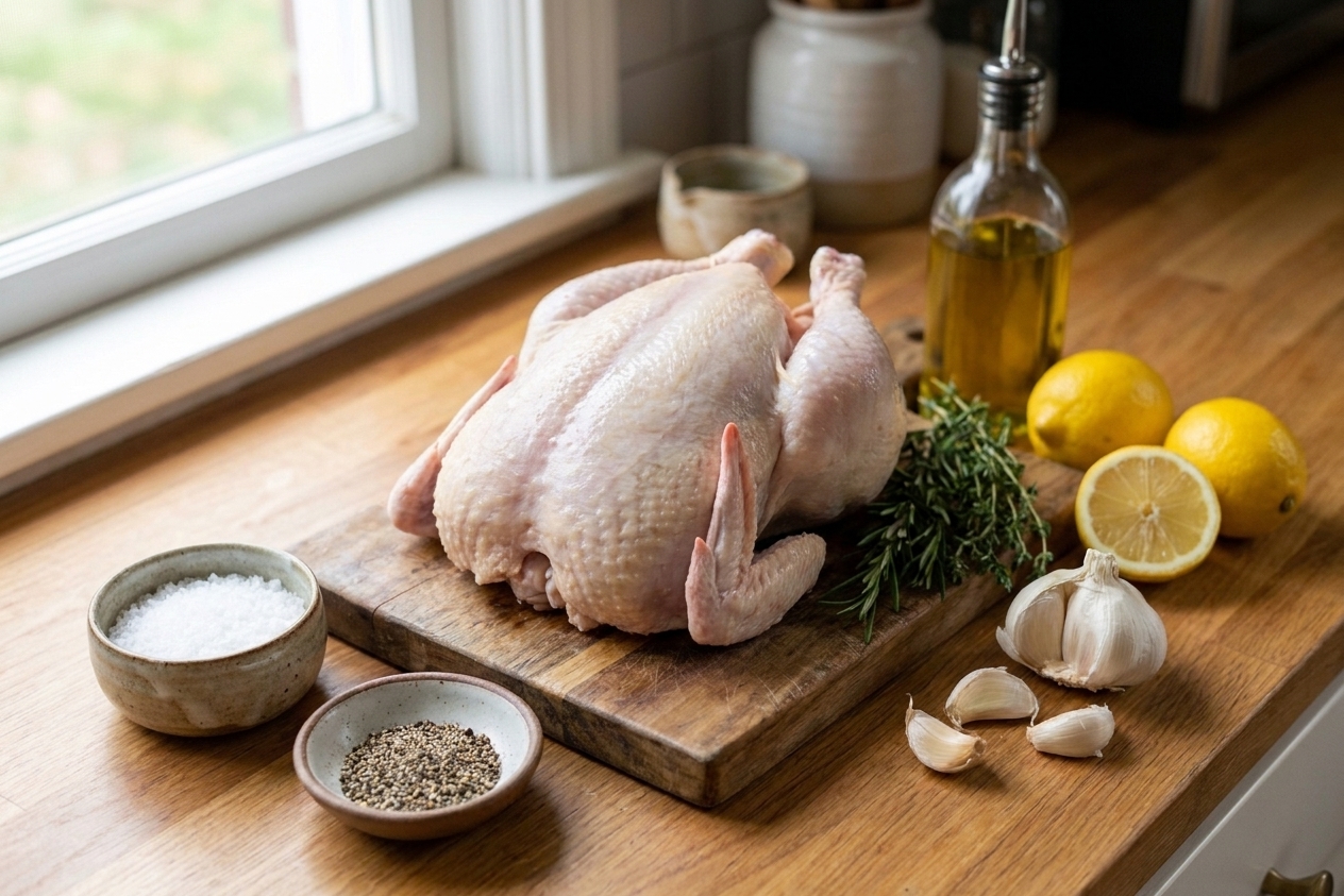Raw whole chicken, kosher salt, black pepper, lemons, garlic, olive oil, and fresh herbs arranged on a clean kitchen counter in natural light
