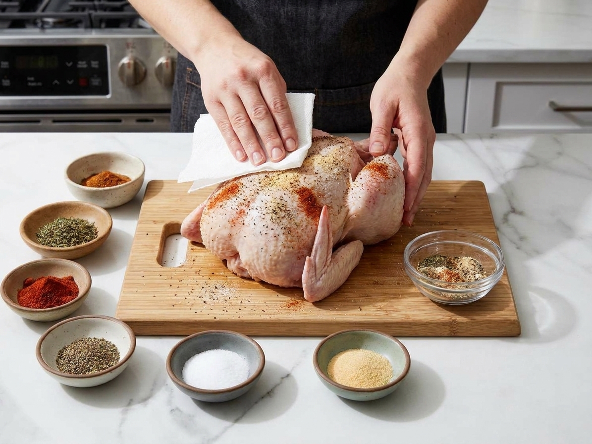 Raw whole chicken on a cutting board being patted dry and seasoned with salt, pepper, paprika, and garlic powder on a tidy kitchen counter