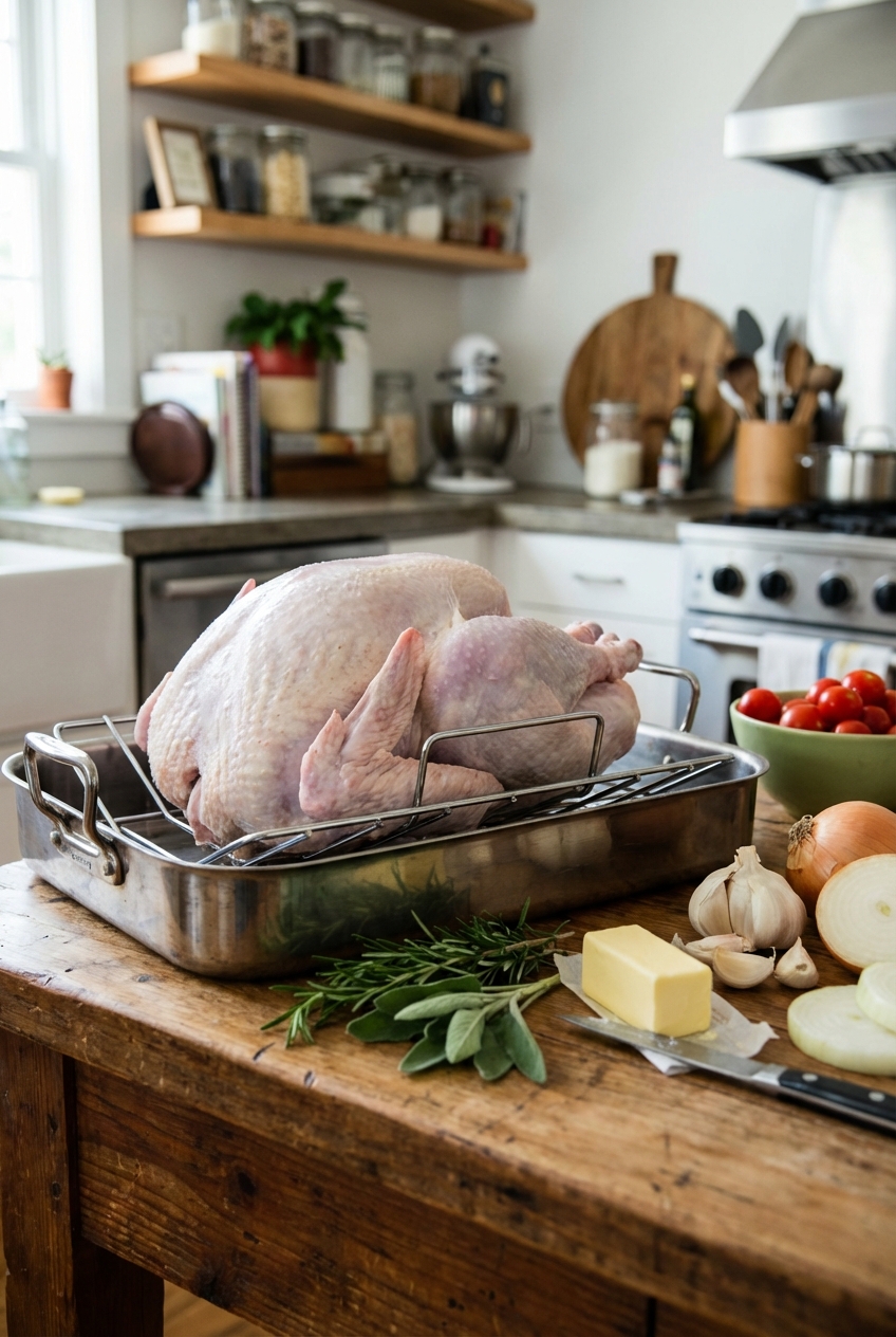 Raw whole turkey on a roasting rack with herbs, butter, and aromatics nearby on a counter