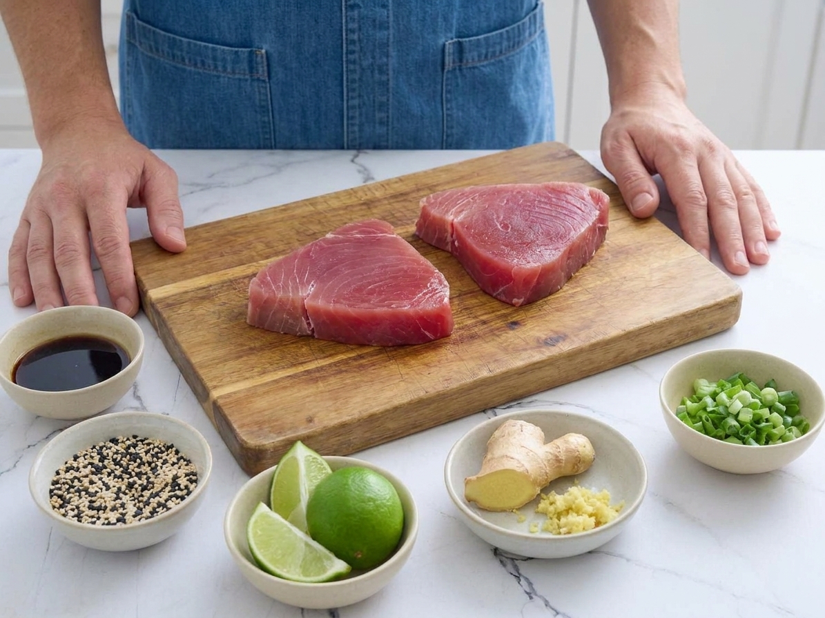 Raw yellowfin ahi tuna steaks on a cutting board with small bowls of soy sauce, sesame seeds, lime, ginger, and green onions arranged on a clean kitchen counter