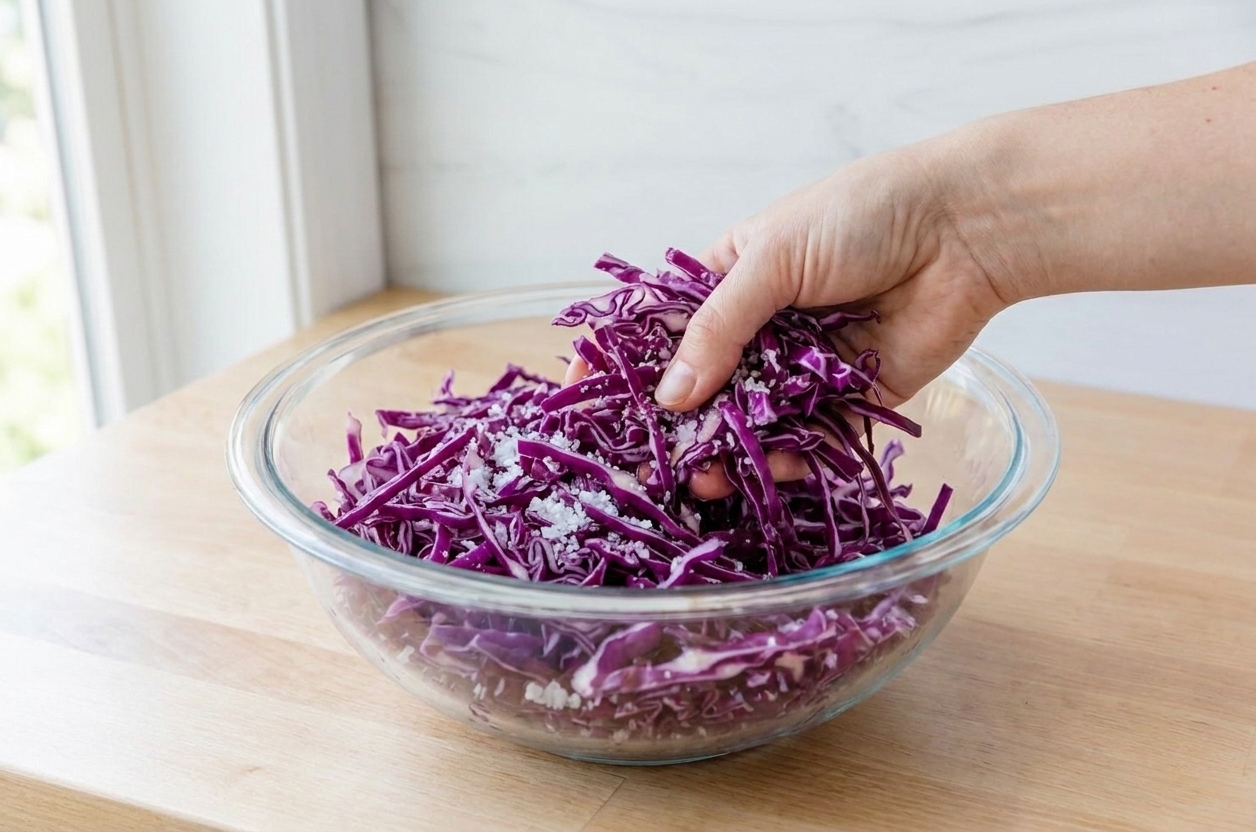 Red cabbage tossed with salt in a large mixing bowl on a kitchen counter