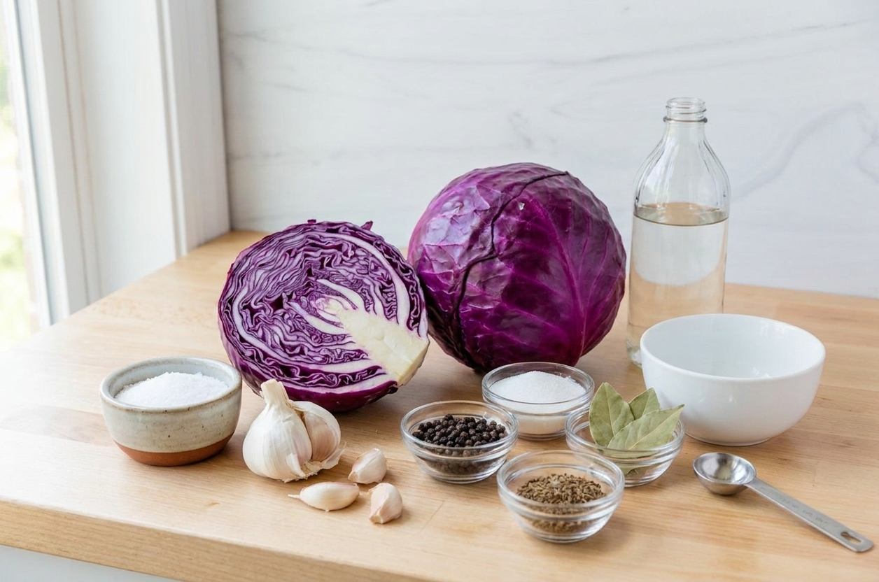 Red cabbage, vinegar, kosher salt, sugar, garlic, and spices arranged on a kitchen counter ready for pickling