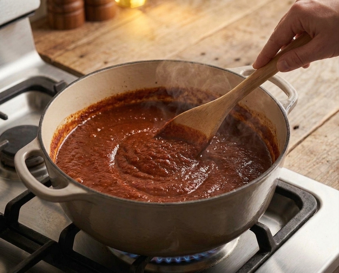 Red chile sauce cooking in a Dutch oven while being stirred until it deepens in color