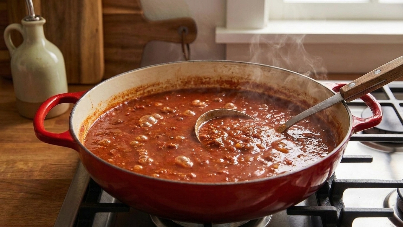 Red chili simmering in a Dutch oven with small bubbles and a ladle resting on the edge