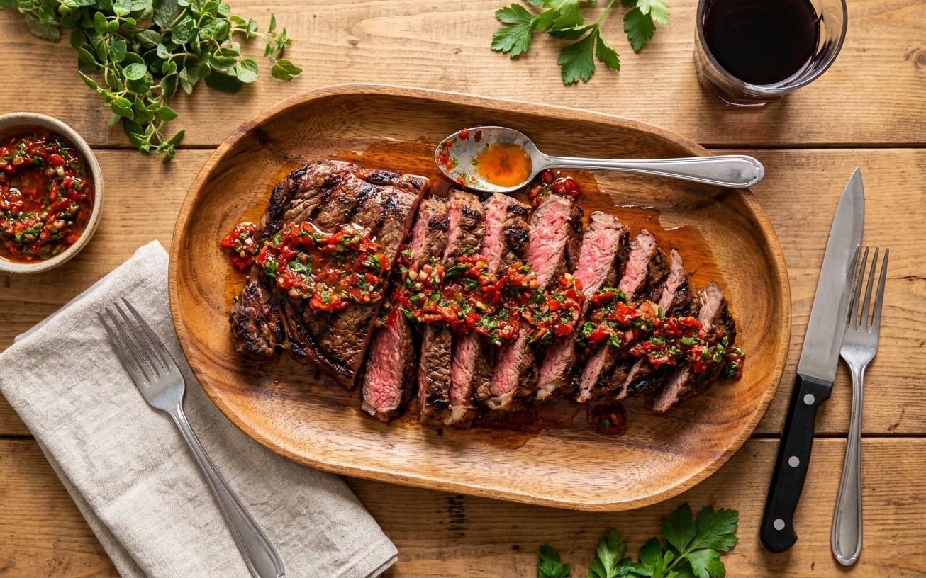 Red chimichurri spooned over sliced grilled steak on a serving platter with a simple weeknight table setting