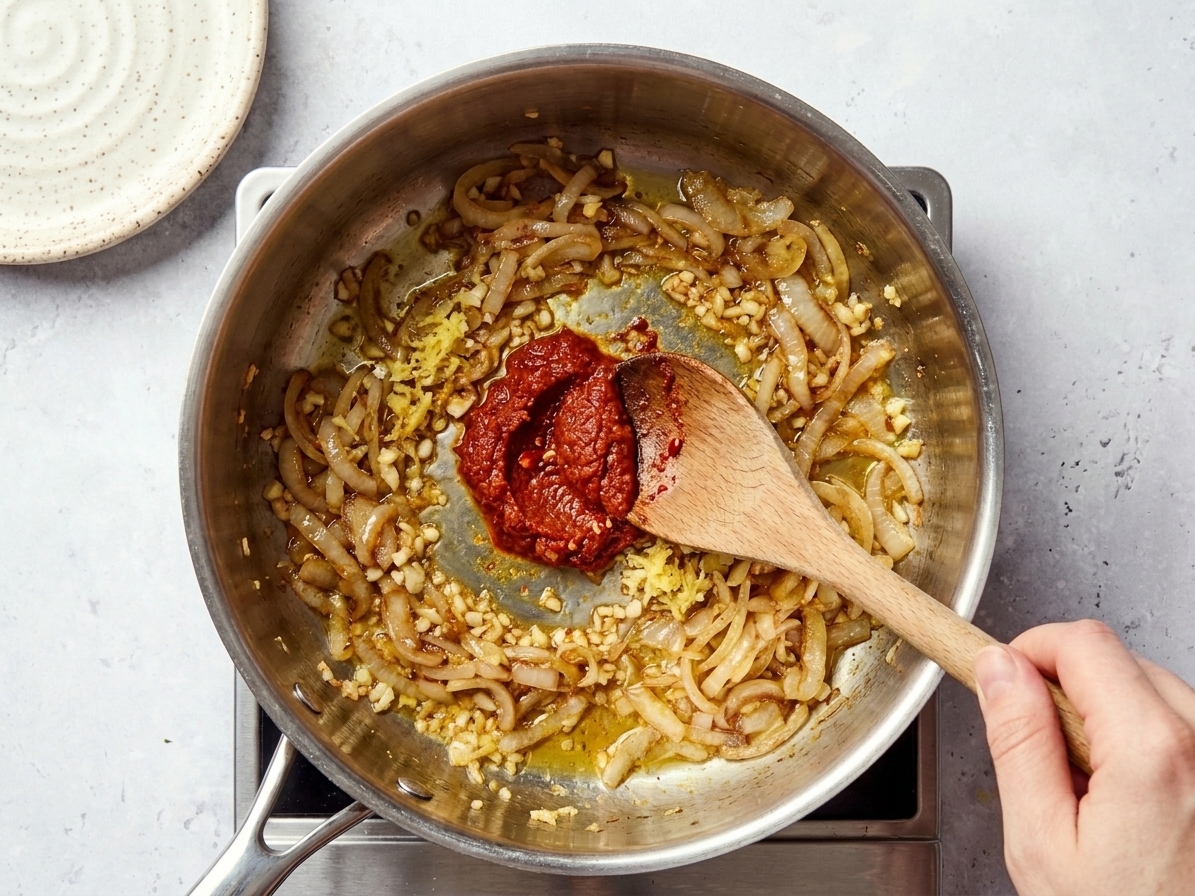 Red curry paste being stirred into sautéed onions, garlic, and ginger in a pot on the stovetop