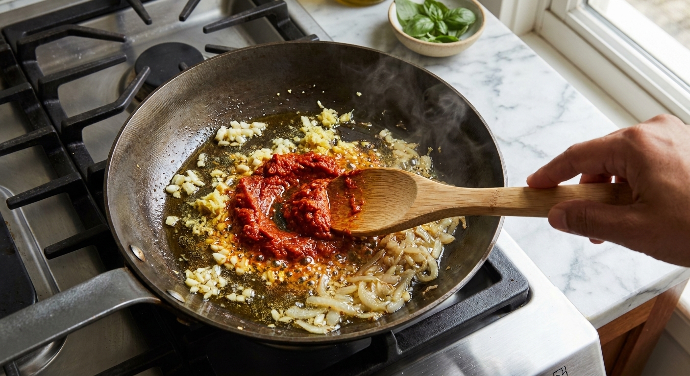 Red curry paste sizzling in a skillet with oil, garlic, and ginger, being stirred with a wooden spoon