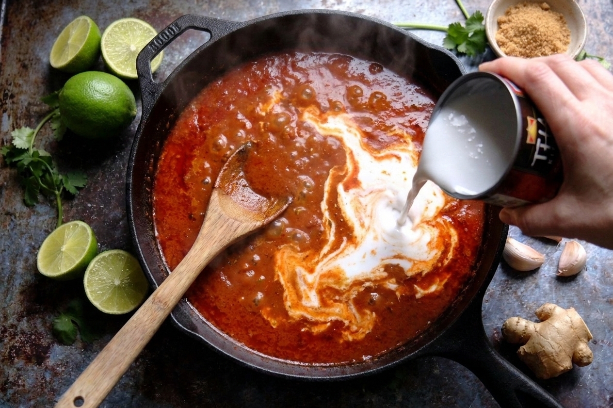 Red curry sauce simmering in a skillet with a wooden spoon, coconut milk swirling into the sauce