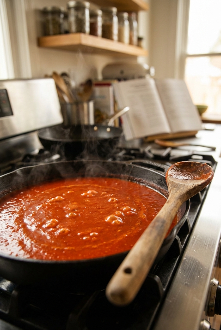 Red enchilada sauce simmering in a skillet with a wooden spoon resting on the edge