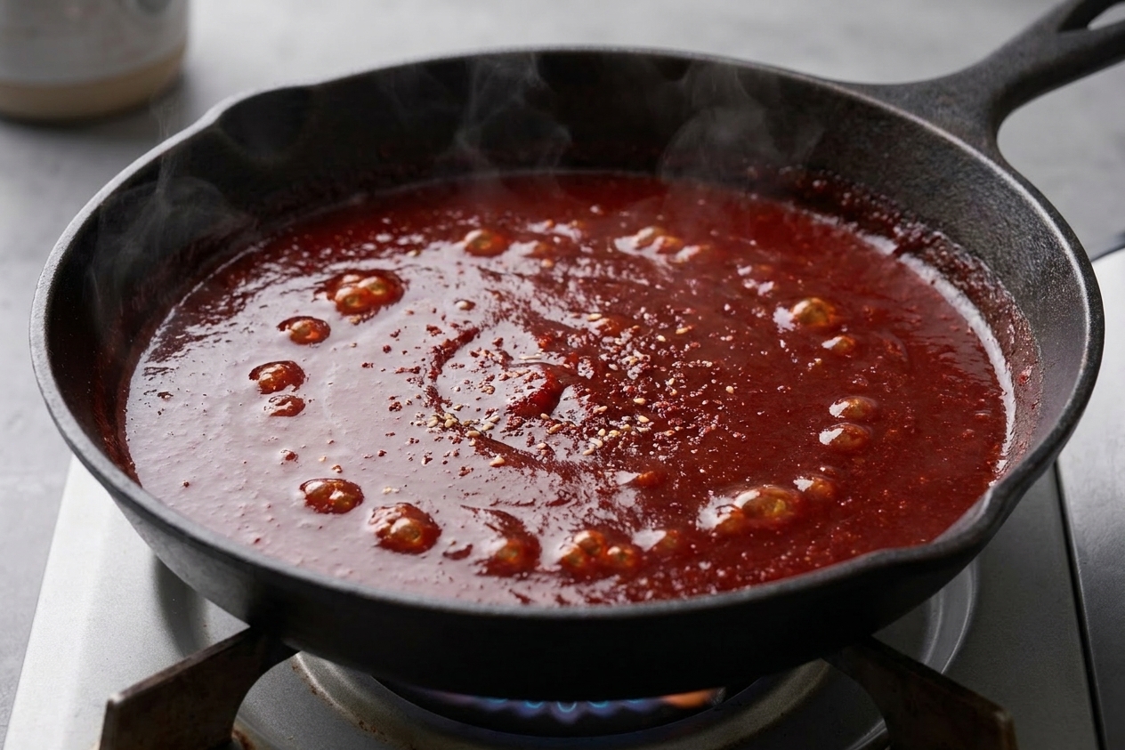 Red gochujang sauce bubbling gently in a wide skillet on a stovetop