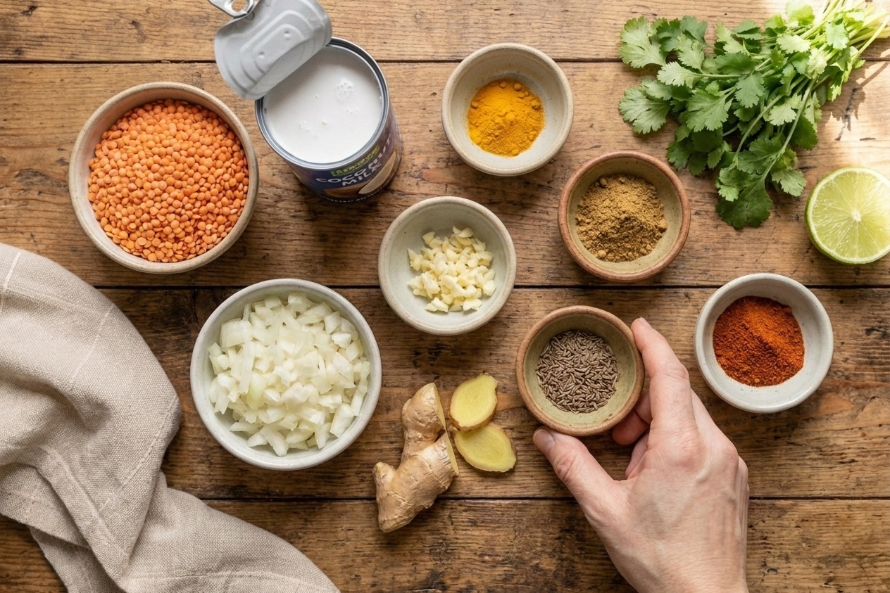 Red lentils, a can of coconut milk, chopped onion, garlic, ginger, and small bowls of curry spices arranged on a clean kitchen counter under soft natural light
