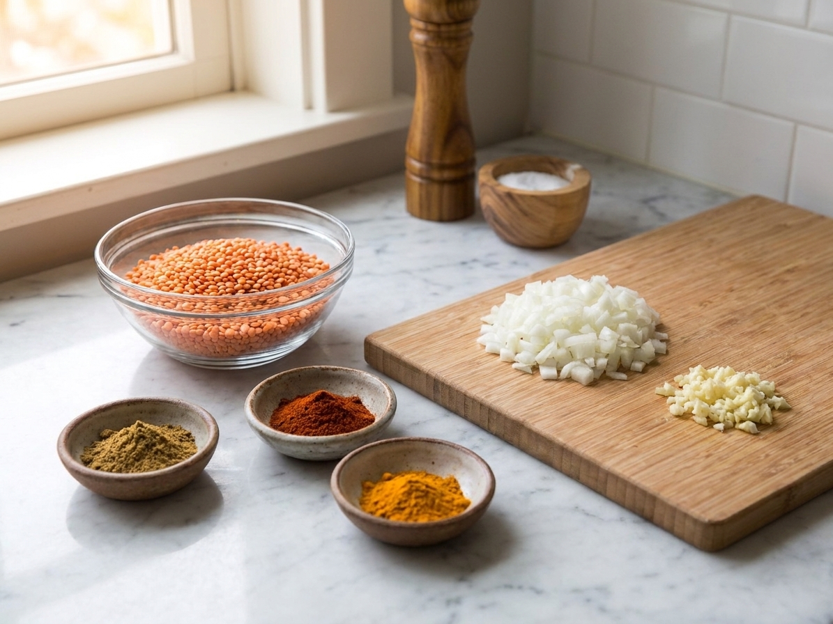 Red lentils, a chopped onion, minced garlic, and small bowls of ground cumin, smoked paprika, and turmeric arranged on a clean kitchen counter in natural light