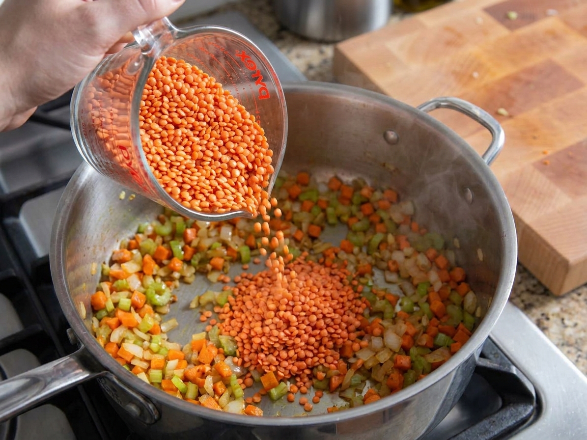 Red lentils being poured from a measuring cup into a pot with sautéed vegetables on the stovetop