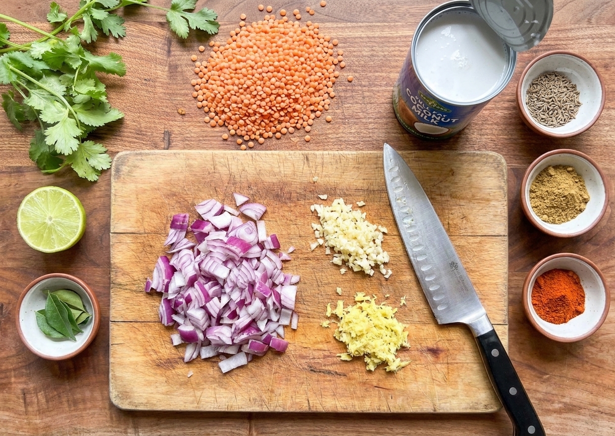 Red lentils, canned coconut milk, onion, garlic, ginger, and small bowls of curry spices arranged on a clean kitchen counter in natural light