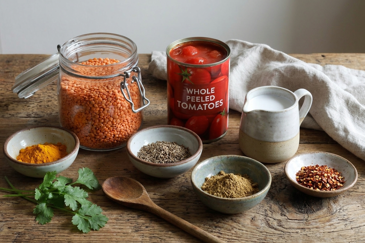 Red lentils, canned tomatoes, coconut milk, and small bowls of spices arranged on a clean kitchen counter