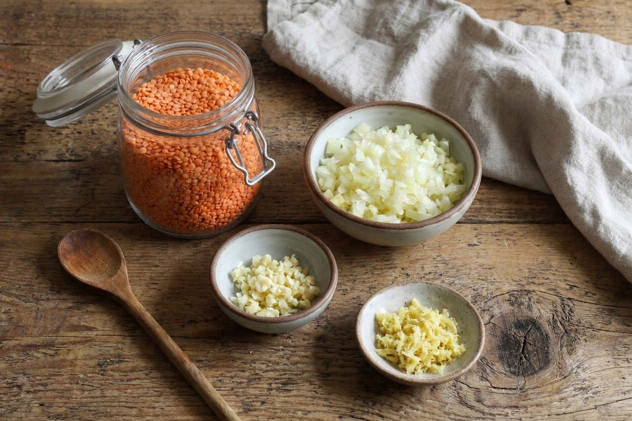 Red lentils, chopped onion, minced garlic, and grated ginger prepped on a kitchen counter
