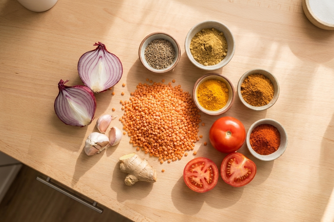 Red lentils, onions, garlic, ginger, tomatoes, and small bowls of spices arranged on a clean kitchen counter in warm natural light