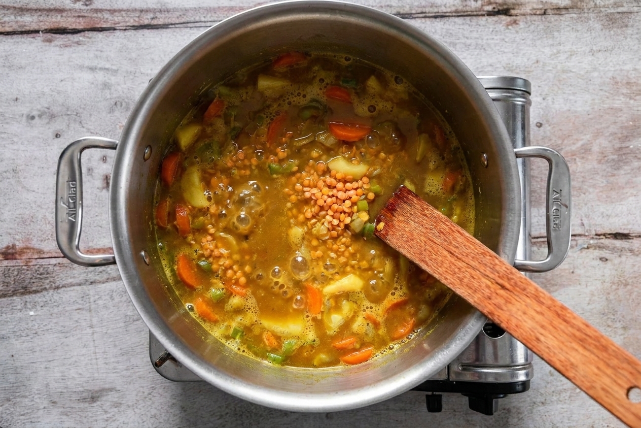Red lentils simmering in a warm golden curry broth in a pot on the stove with gentle bubbles