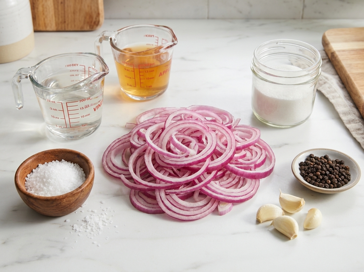 Red onions, white vinegar, apple cider vinegar, kosher salt, sugar, peppercorns, and garlic cloves arranged on a bright kitchen counter for pickling