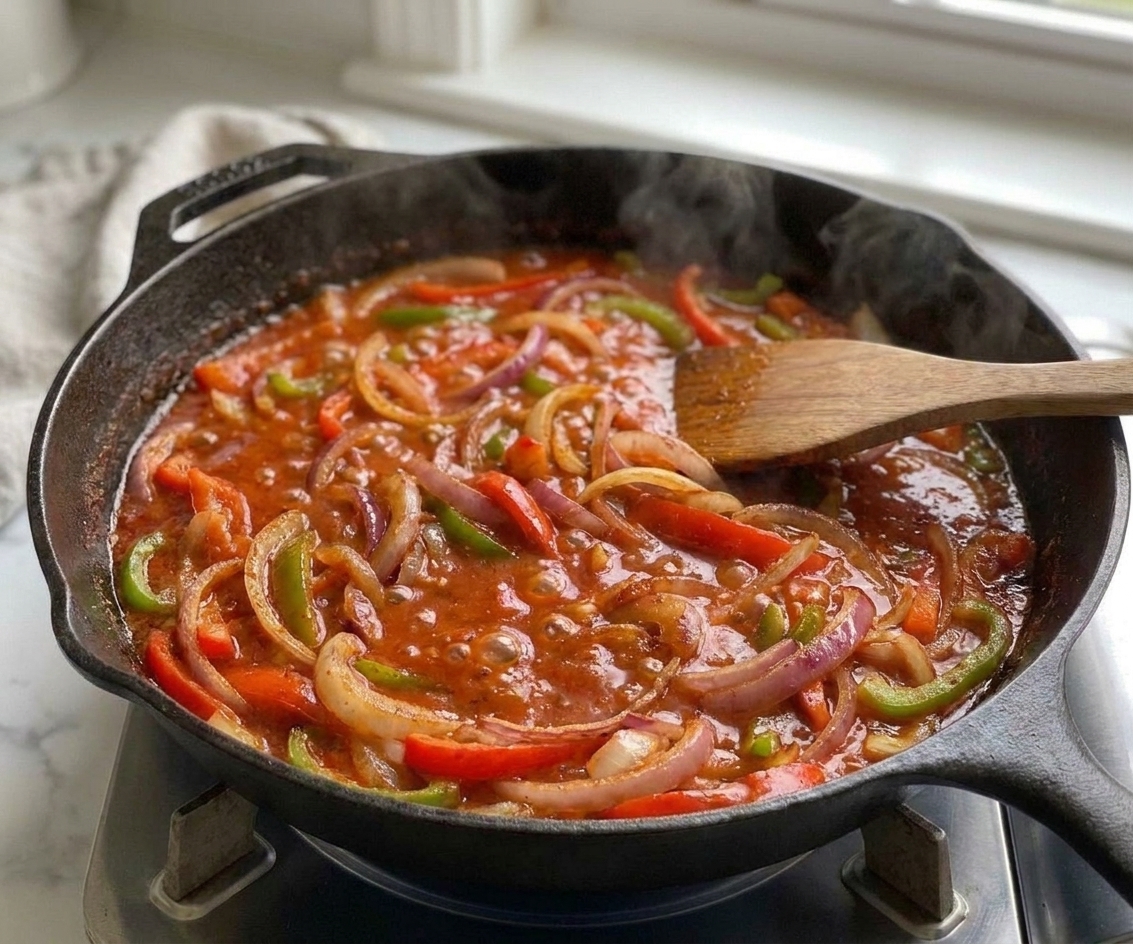 Red pepper and tomato sauce simmering in a skillet with visible onion and pepper pieces, gently bubbling