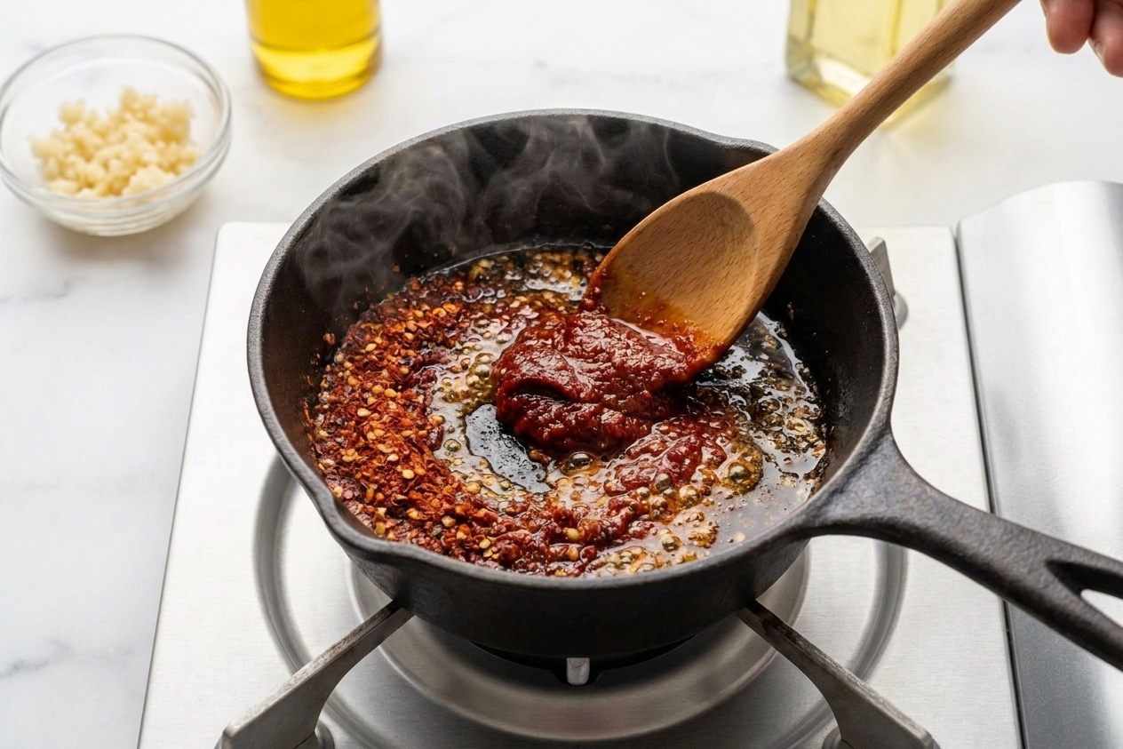 Red pepper flakes and chili paste being stirred into hot oil in a saucepan, forming a brick-red paste