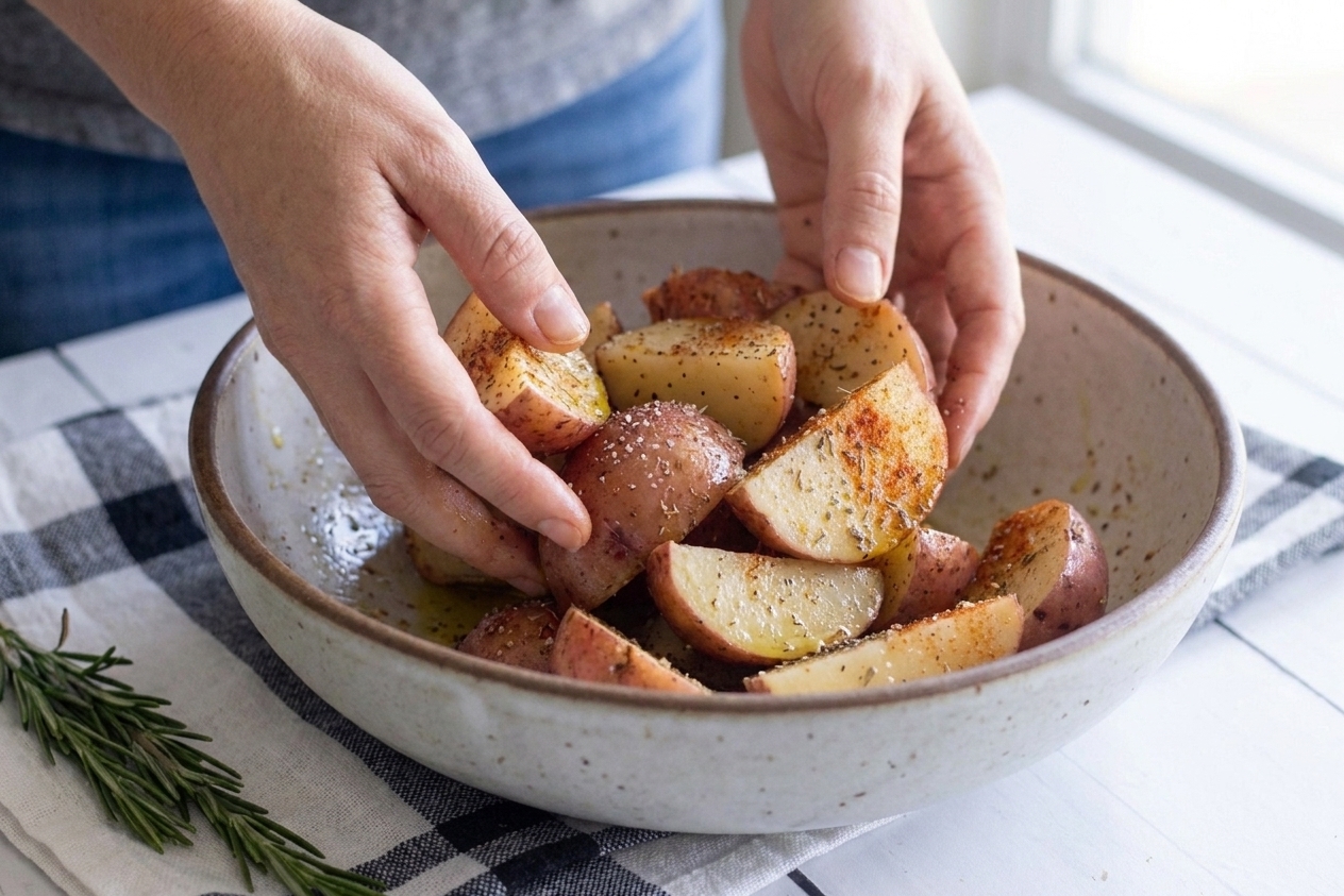 Red potato chunks in a large mixing bowl being tossed with olive oil, salt, pepper, paprika, and dried herbs by a person’s hands
