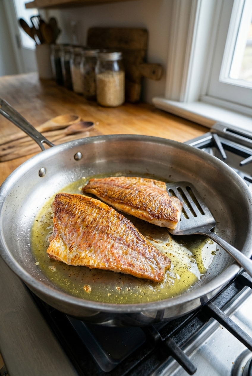 Red snapper fillets searing in a stainless steel skillet with a thin sheen of oil and lightly browned edges