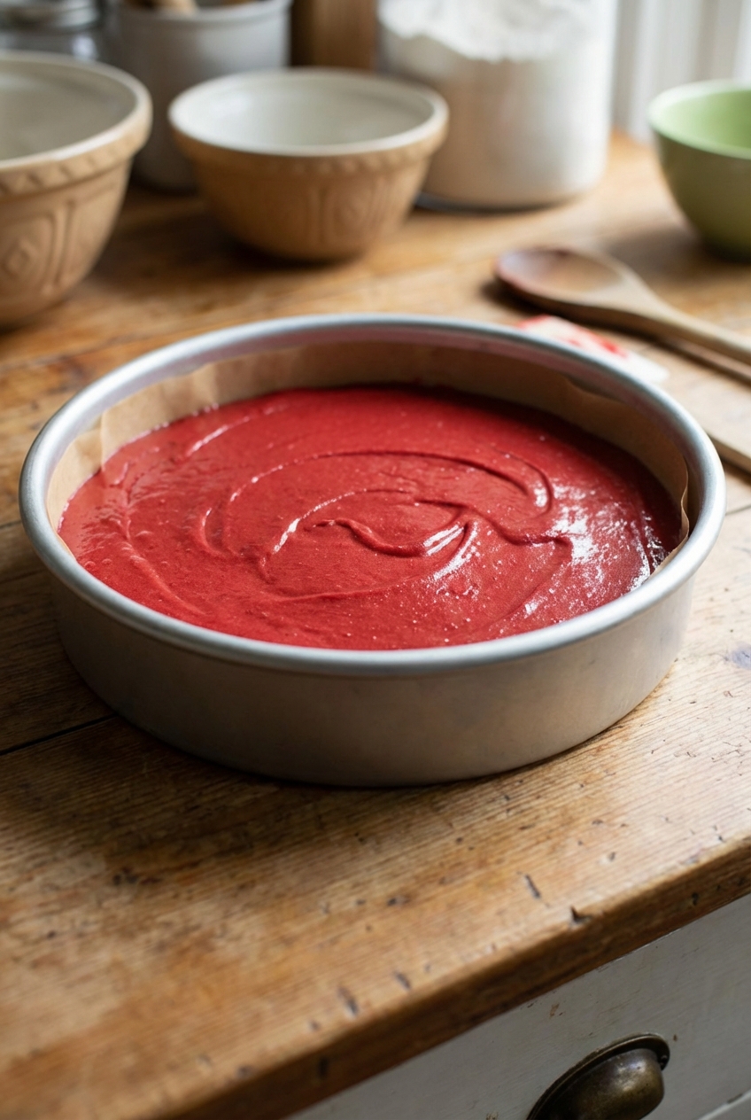 Red velvet cake batter smoothed into a round cake pan lined with parchment on a wooden counter