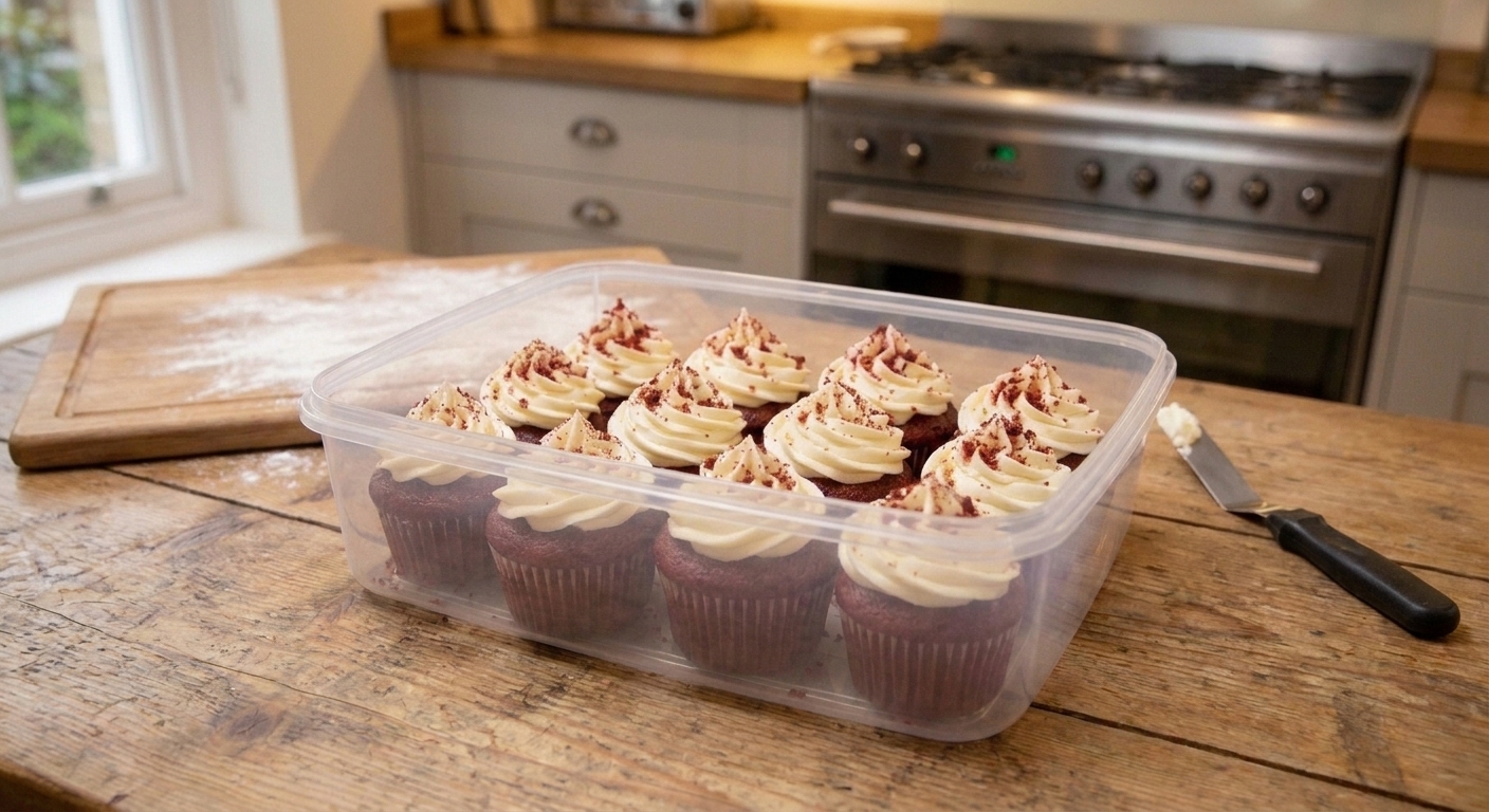 Red velvet cupcakes with cream cheese frosting arranged in a single layer inside a clear airtight container on a kitchen counter