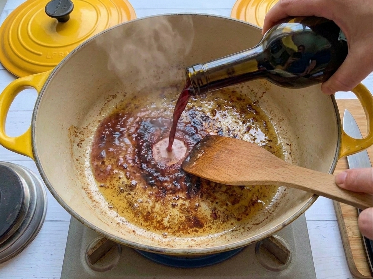 Red wine being poured into a Dutch oven to deglaze browned bits on the bottom