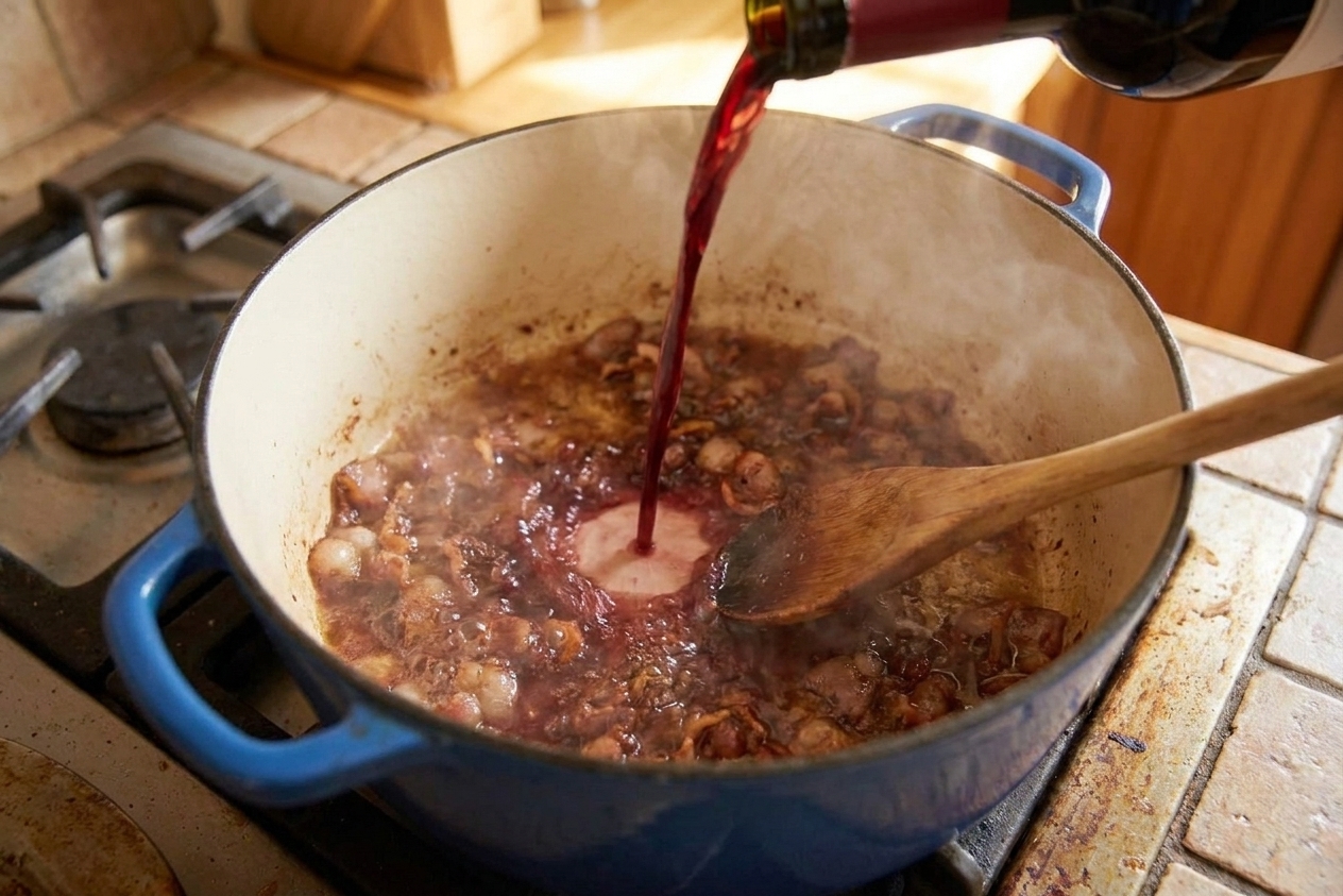 Red wine being poured into a Dutch oven to deglaze browned bits, with a wooden spoon scraping the bottom