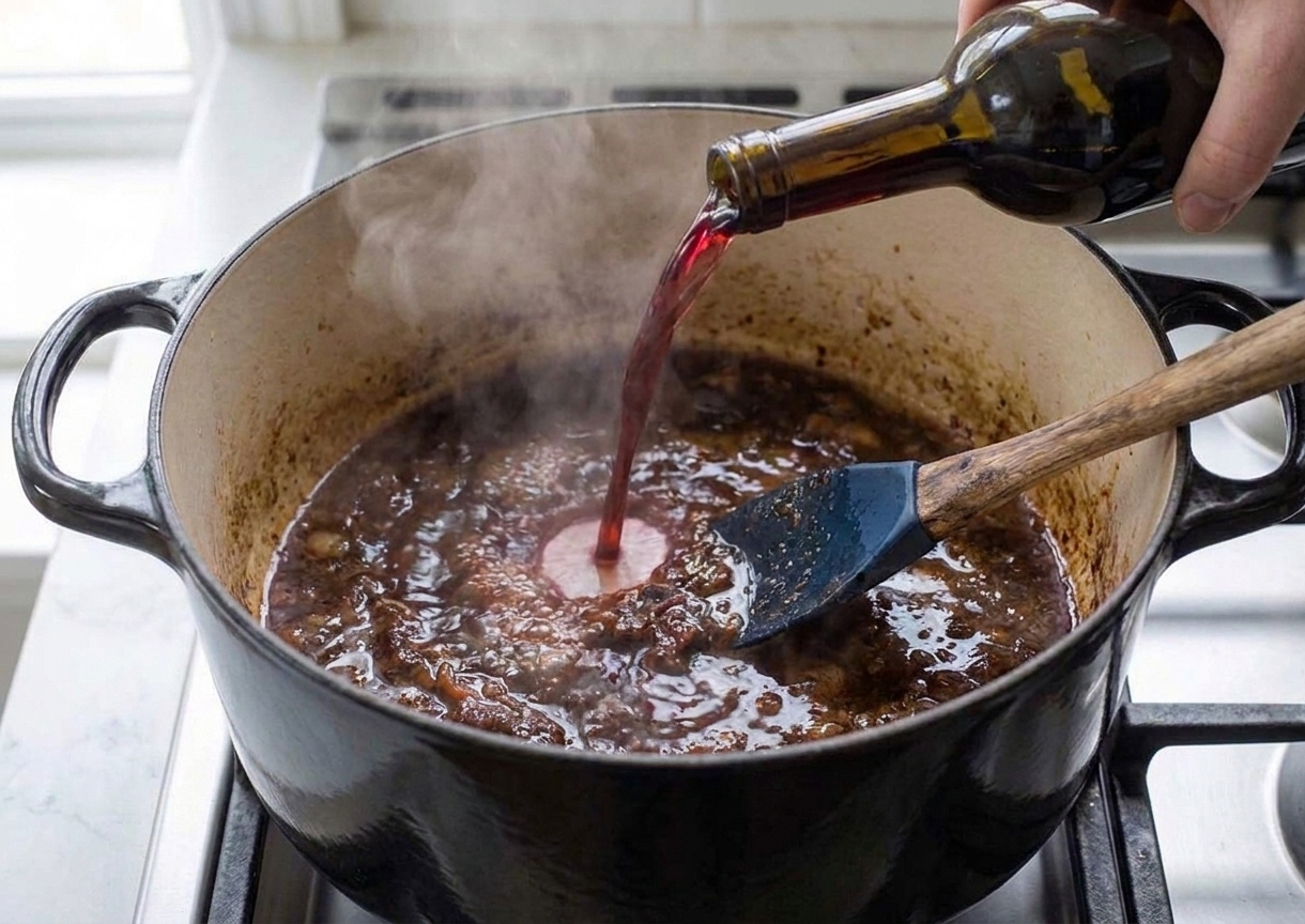 Red wine being poured into a Dutch oven while a wooden spoon scrapes browned bits from the bottom
