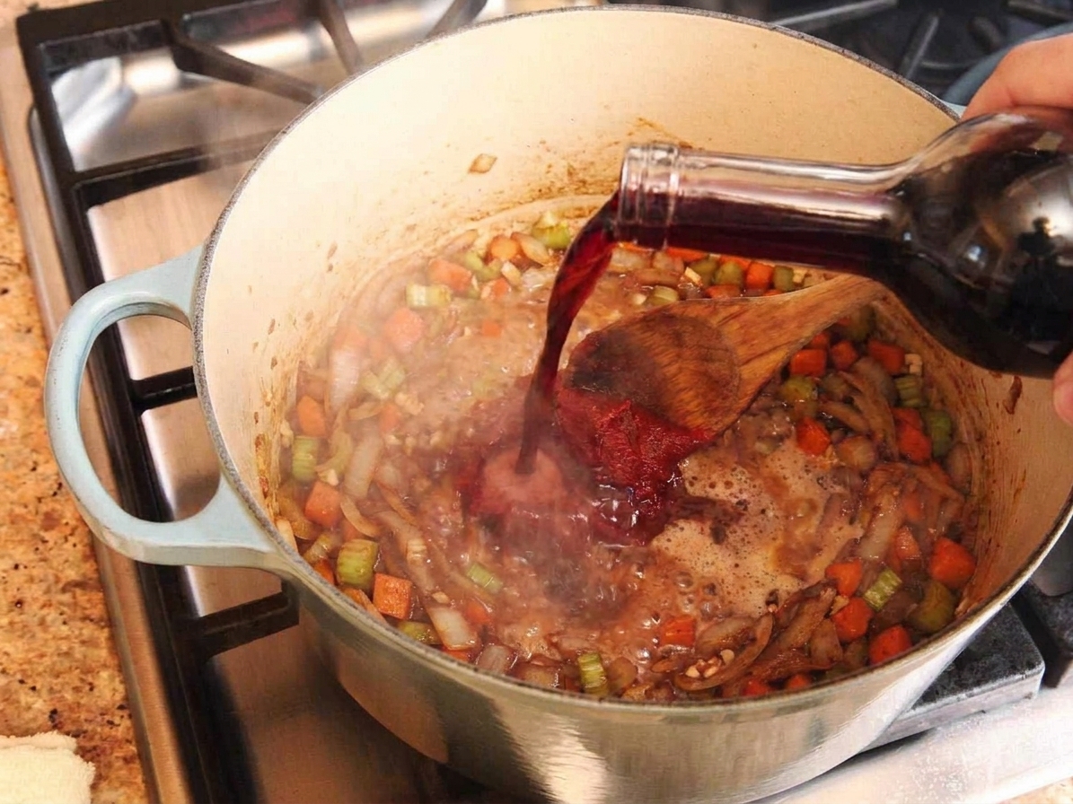 Red wine being poured into a hot Dutch oven to deglaze browned bits from the bottom while vegetables sizzle