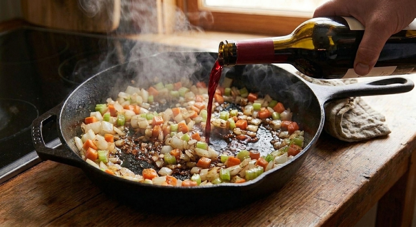 Red wine being poured into a hot skillet to deglaze browned bits while vegetables cook